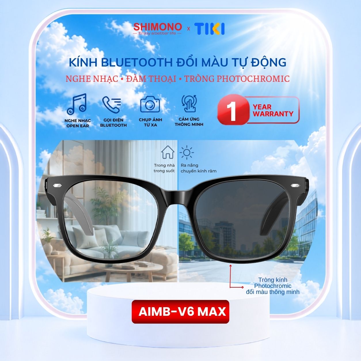 Kính Bluetooth SHIMONO AIMB-V6 Max Tròng Đổi Màu, Nghe Nhạc Open Ear, Đàm Thoại Rảnh Tay, Khẩu Lệnh Hàng chính hãng