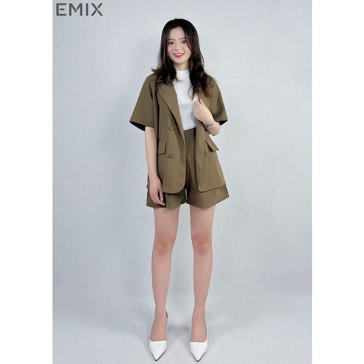 Set vest cộc tay EMIX (màu nâu), áo blazer cộc tay, quần short cạp cao, form rộng, có cúc, chất trượt hàn 109