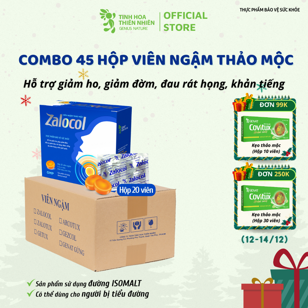 Combo 45 hộp viên ngậm ho thảo mộc Zalocol Hỗ trợ giảm đờm, giảm đau rát họng, khản tiếng do viêm họng, viêm phế quản (Hộp 20 viên) - Genat