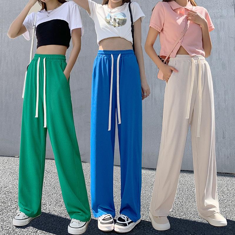 Quần ống rộng thun tăm xuất hàn lưng cao cạp chun dây rút dáng xuông dài Quần culottes ống suông co dãn vải mềm mát lạnh