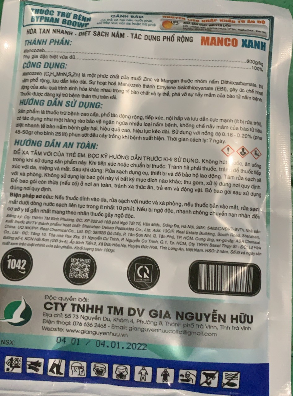 Sản phẩm bảo vệ cây trồng Mancozeb Ấn Độ Manco Green 100gr