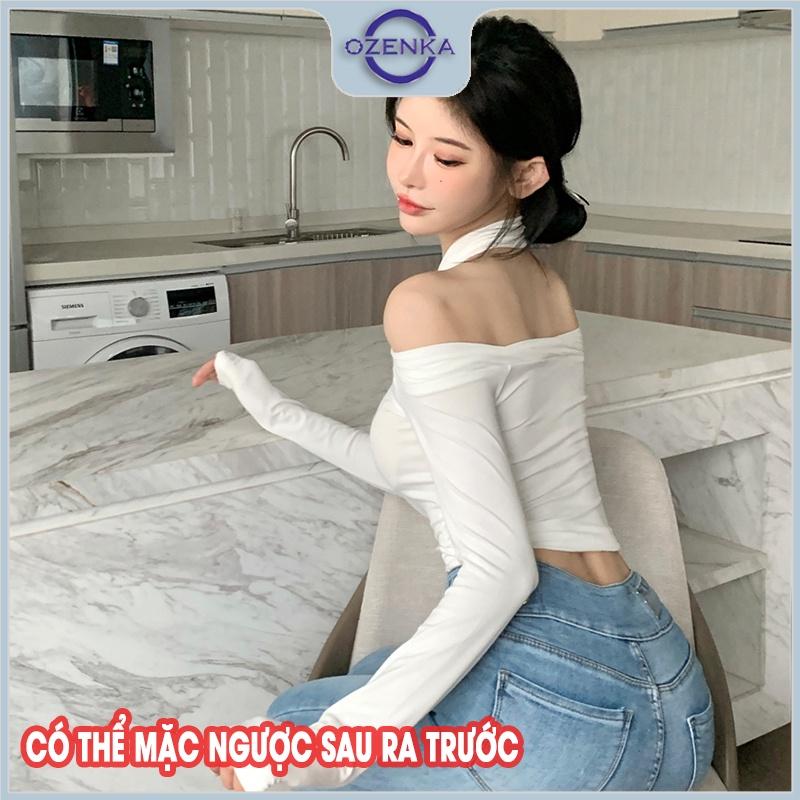 Áo croptop nữ tay dài trễ vai cổ v OZENKA , áo crt ôm body thun 100% cotton màu đen trắng gợi cảm dưới 55 kg