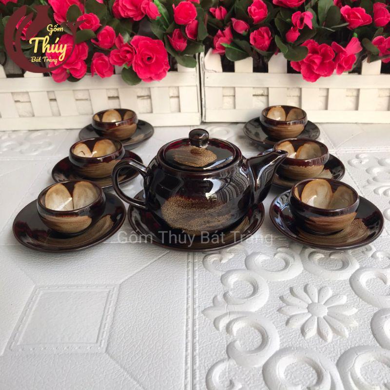 Bộ ấm chén men hoả biến cao cấp Bát Tràng màu đen, lòng chén hoa trắng 280ml