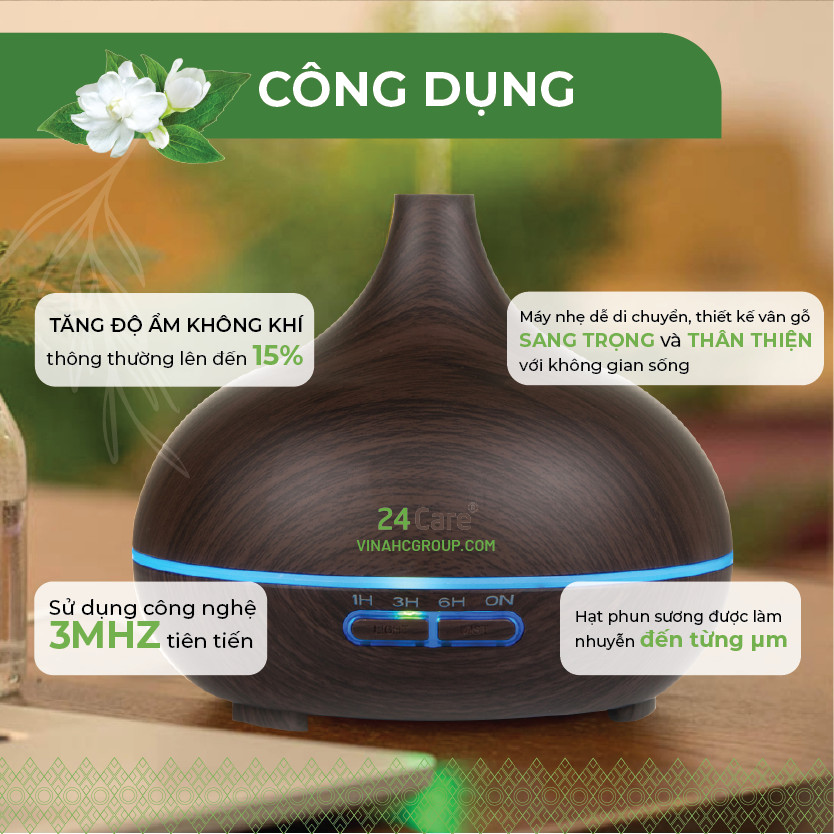 Máy khuếch tán Tinh Dầu 24Care Cổ Cao Đen Ultrasonic 500ml, Tặng 3 Chai Tinh dầu Sả Chanh + Bạc Hà + Cam Úc 24Care 10ml | Xông Phòng | Kèm Remote Điều Khiển |Công nghệ siêu âm tiên tiến.