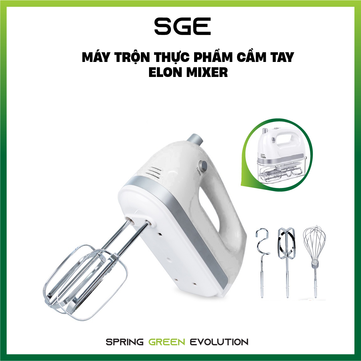 Máy Đánh Trứng/ Máy Trộn Thực Phẩm Cầm Tay Elon Mixer. Giá Hấp Dẫn, Trộn Nhanh Mọi Thực Phẩm, Dễ Thao Tác Với 5 Tốc Độ Trộn. Hàng Nhập Khẩu Cao Cấp Chính Hãng SGE Thailand. Máy Được Tặng Kèm 2 Đầu Trộn Cánh Quạt Và 2 Đầu Trộn Móc