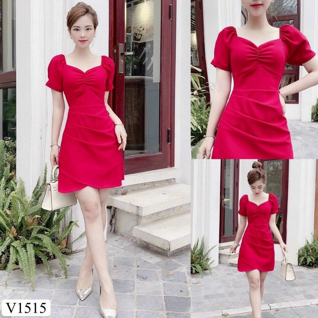 Đầm đỏ tay phồng xếp ly siêu xinh