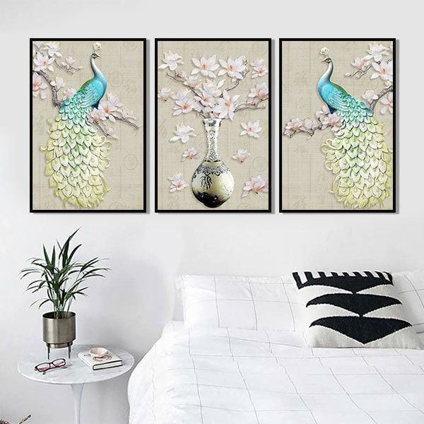 Bộ 3 Tranh Canvas Không Viền Con Công: Khổng Tước Xanh W289