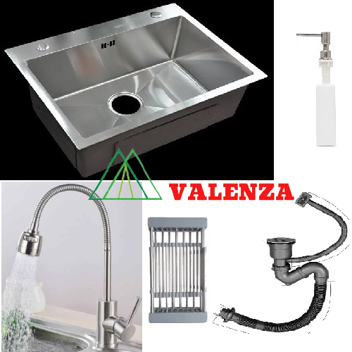 Chậu rửa bát 1 hố Valenza sus304 6045, vòi rửa bát nóng lạnh lò xo cần mềm, xả, rổ, bình xà phòng