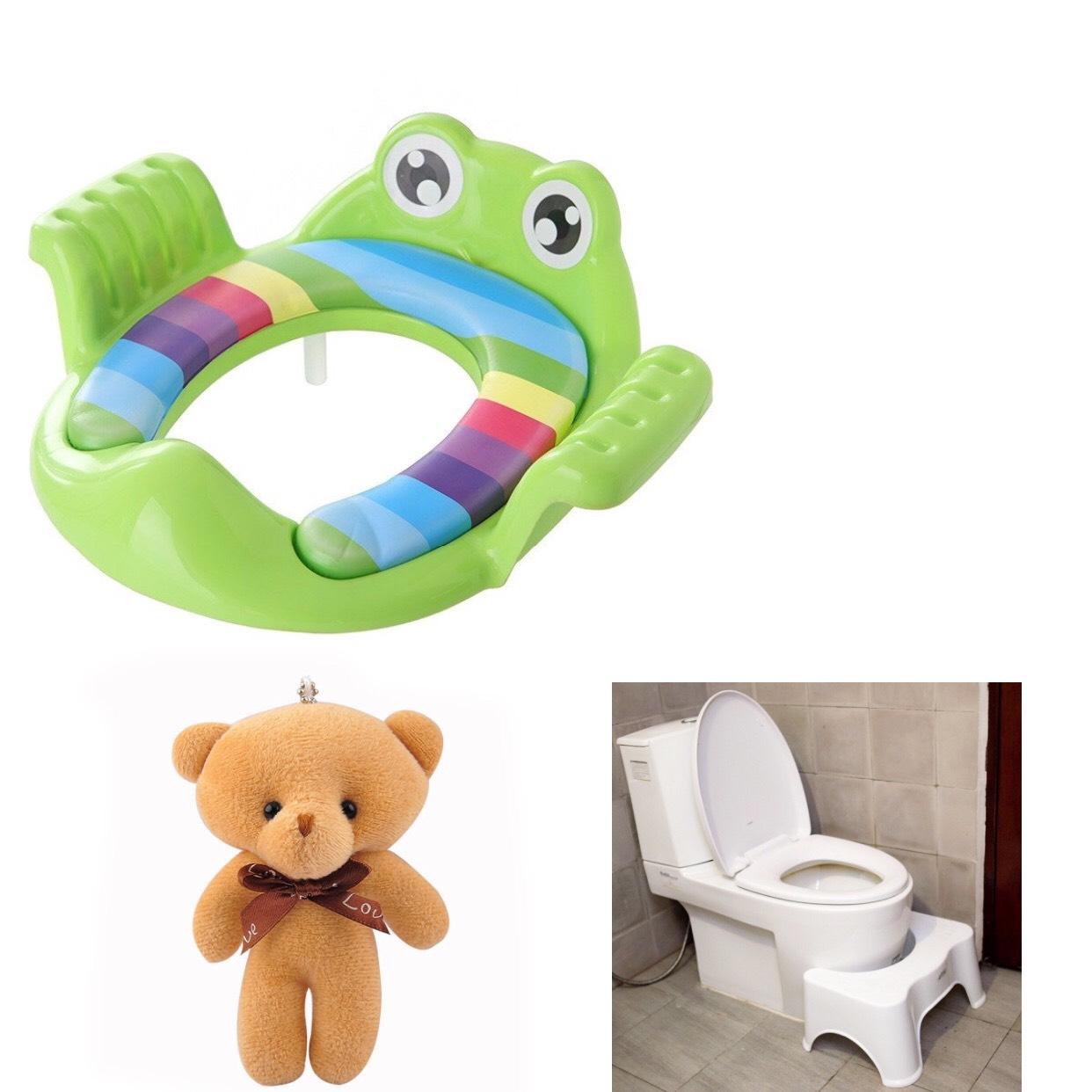 [ COMBO TIẾT KIỆM ] Bệ Thu Nhỏ Bồn Cầu Hình Ếch Có Tay Vịn + Ghế Kê Chân Toilet Chống Táo Bón Và Các Bệnh Về Đường Tiêu Hóa Cho Trẻ Nhỏ Và Người Già - Tặng 1 gấu bông mini - xanh dương - Hàng Chất Lượng