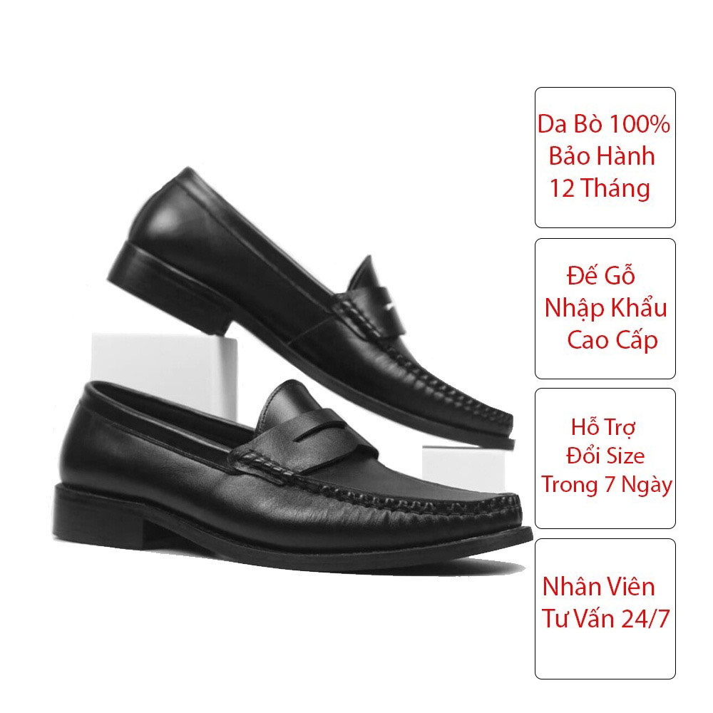 Giày Tây Nam Penny Loafer Black White Da Bò Nguyên Tấm Đế Phíp Cao Cấp