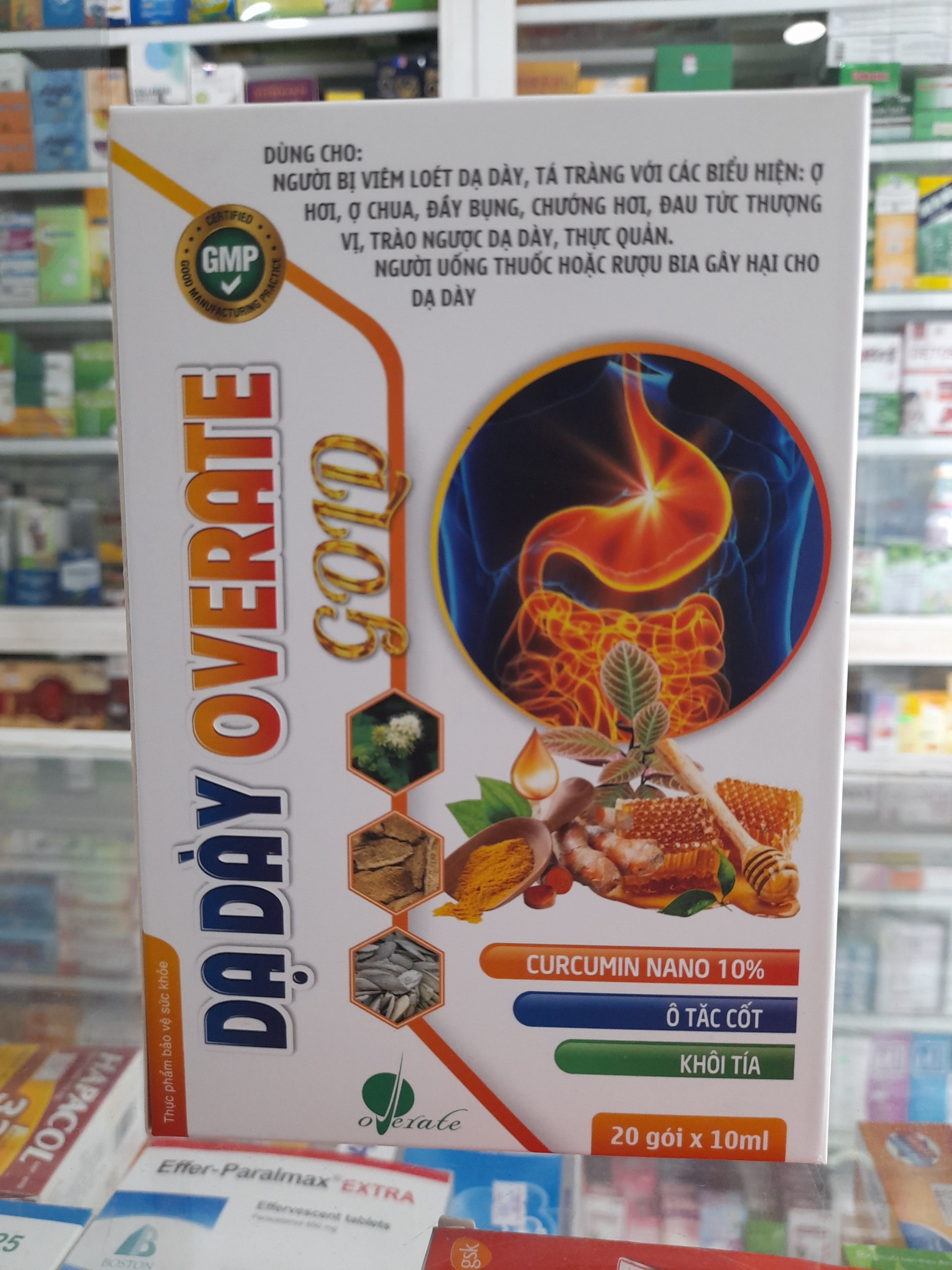 Dạ dày Overate Gold-Hỗ trợ giảm acid dịch vị -Giúp bảo vệ niêm mạc dạ dày-Hộp 20 gói