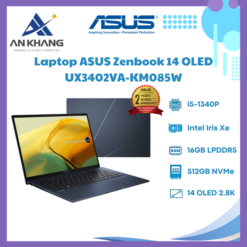 Laptop Asus Zenbook 14 OLED UX3402VA-KM085W (Intel Core I5-1340P | 16GB | 512GB | Intel Iris Xe | 14 inch OLED WQXGA+ | Win 11 | Xanh) - Hàng Chính Hãng - Bảo Hành 24 Tháng