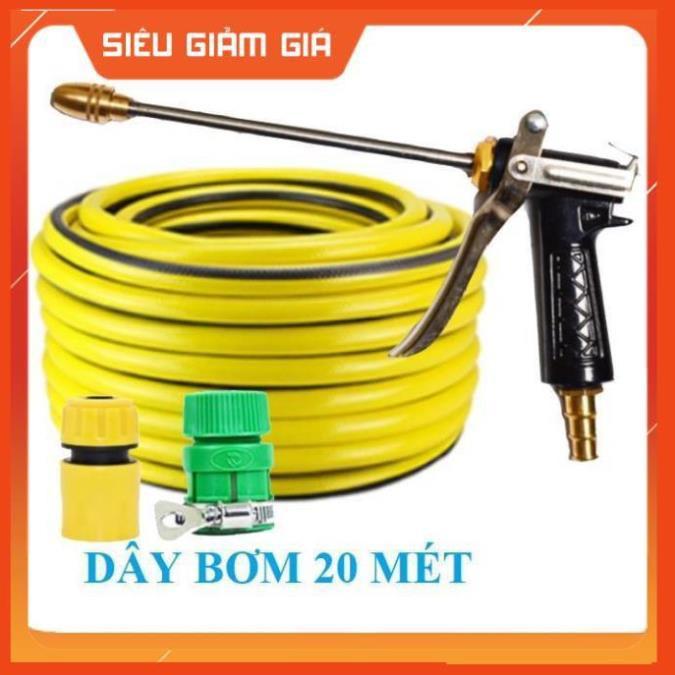Bộ dây vòi xịt nước rửa xe, tưới cây . tăng áp 3 lần, loại 20m 206318 đầu đồng, cút, nối PE