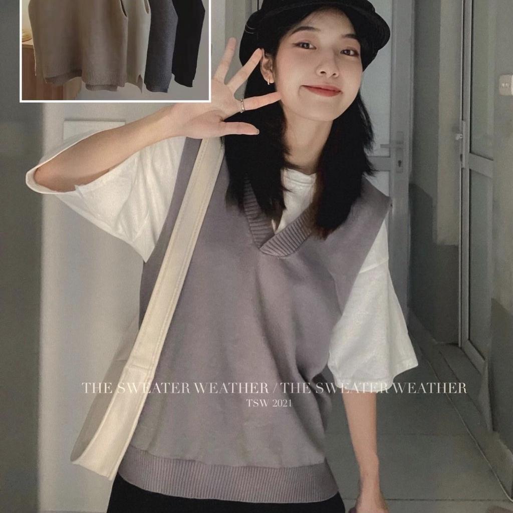 Áo gile len trơn mịn cổ V dáng xuông 2 tà 4 màu hàng Quảng Châu Lyn Closet G110L