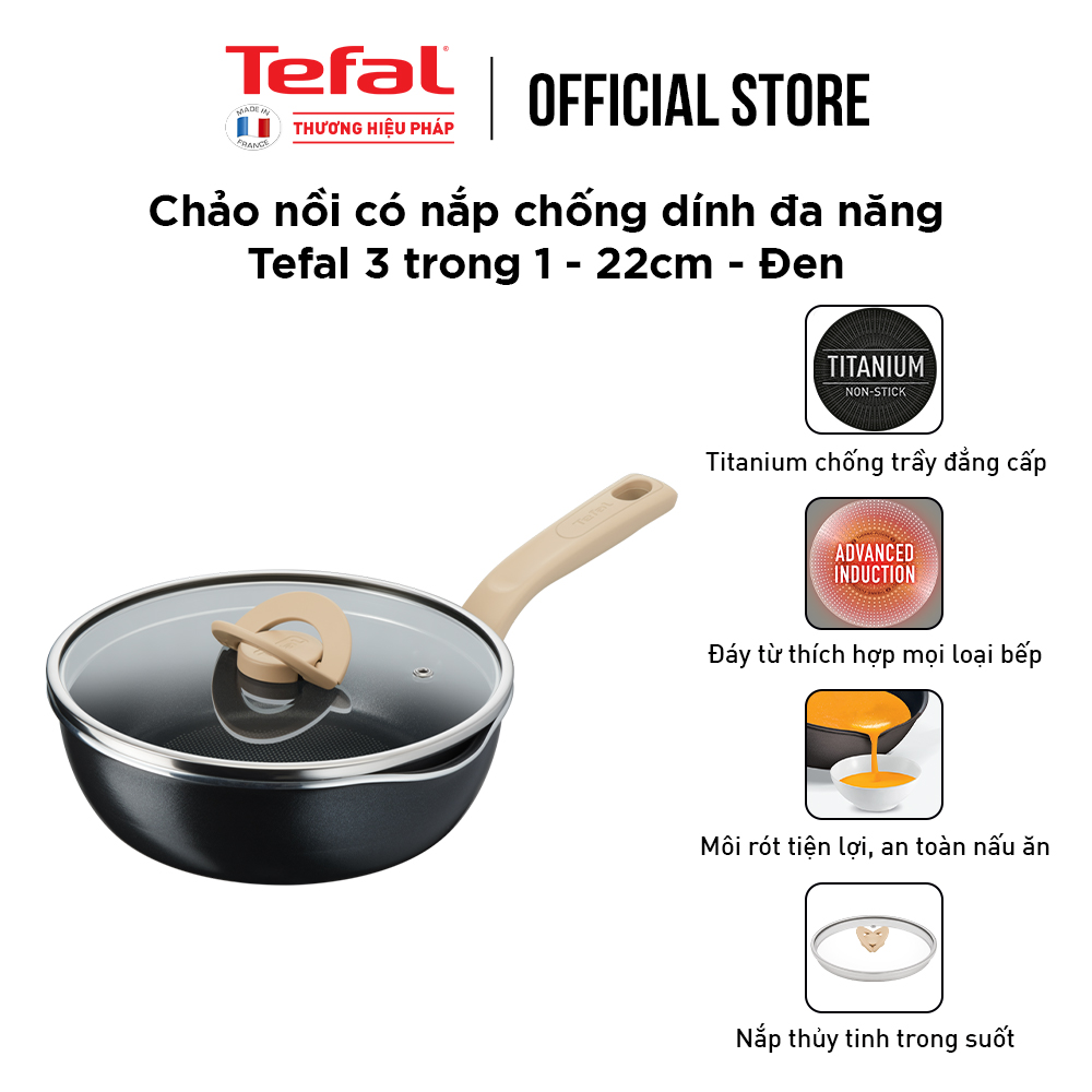 Chảo nồi có nắp chống dính đa năng Tefal One Pick Pot Pan 3 trong 1 - 22cm - Hàng chính hãng
