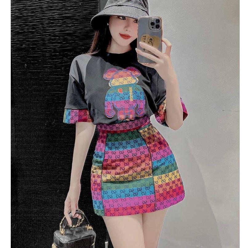 FREESHIP Set Bộ Nữ,áo Phông Thêu Họa Tiết Gấu Mix Chân Váy Tiểu Thư Dạo Phố Dự Tiệc Đi Biển Sang Chảnh DS
