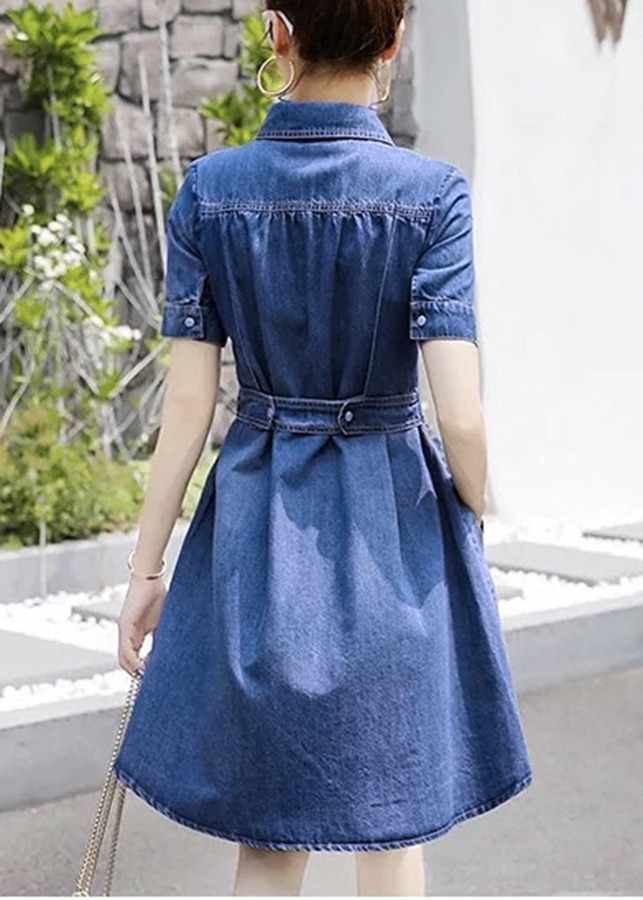 Đầm jean xòe cổ sơ mi eo thun - DT643