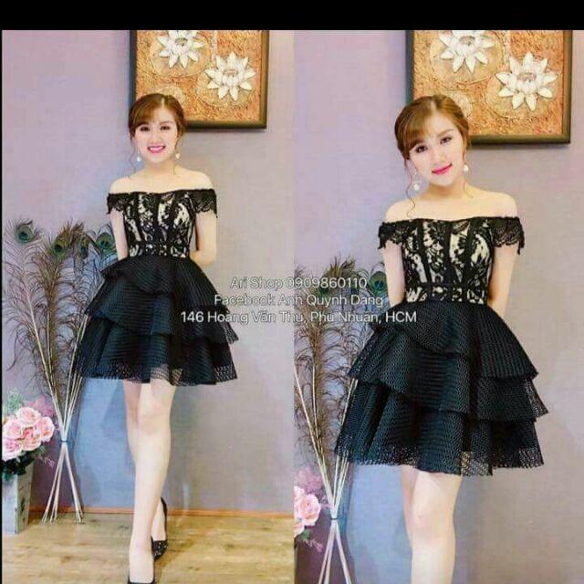 Đầm ren bẹt vai 3 tầng ren phồng