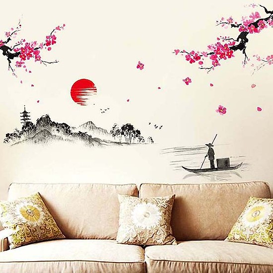 Combo 2 decal dán tường tranh thủy mặc và đầm sen cho bé + Tặng stick bất kỳ