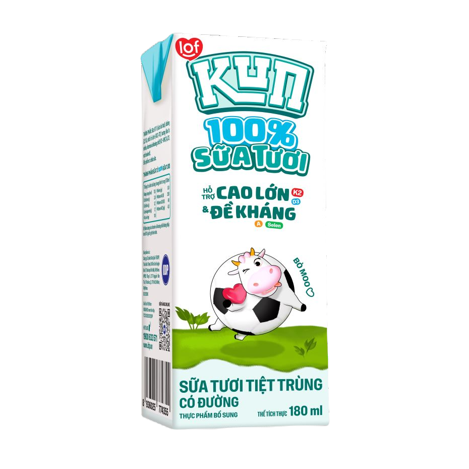 Thùng 48 hộp KUN 100% Sữa tươi có đường 180ml/hộp