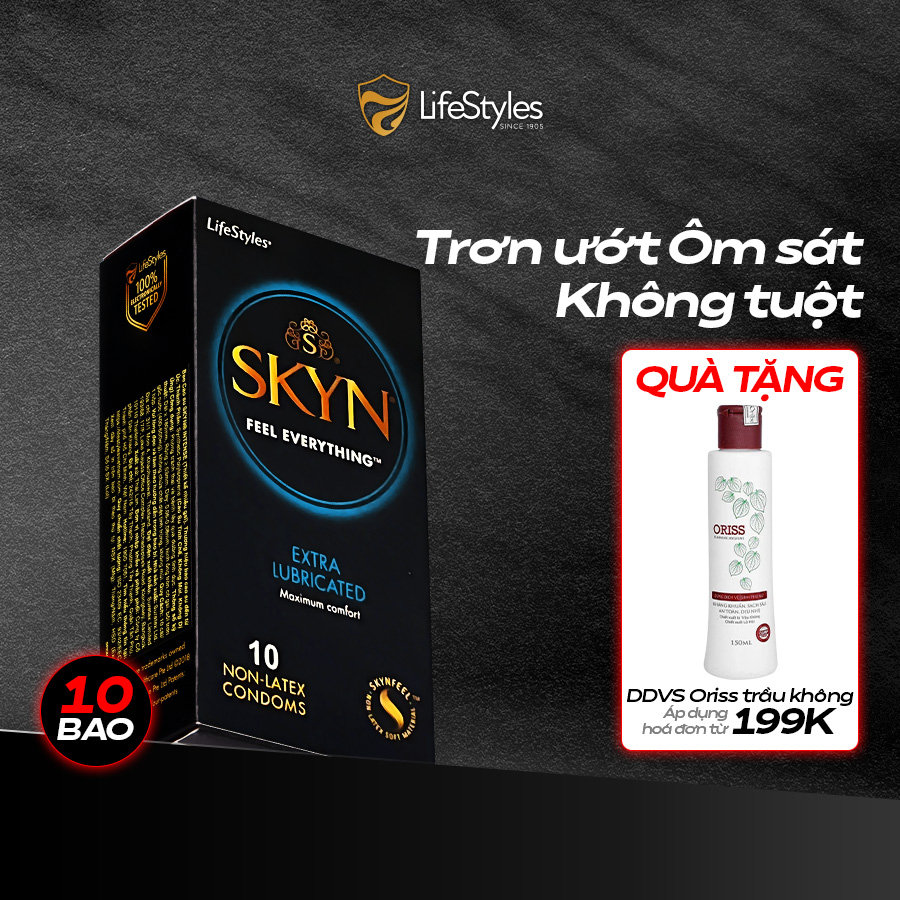Bao cao su siêu trơn, siêu nhiều gel, mỏng khít LifeStyles Skyn Extra Lubricated - Hộp 10 bao