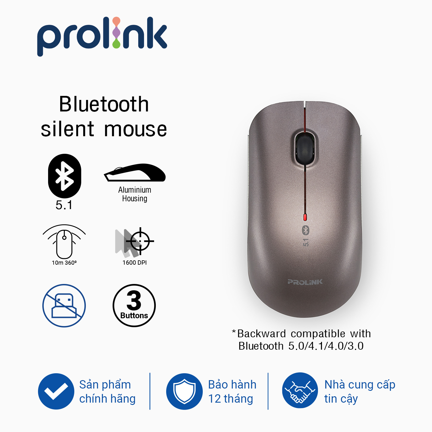 Chuột không dây kết nối Bluetooth PROLiNK PMB8001 GRY (1600dpi/3 button) tính năng nhấp chuột im lặng, thiết kế vỏ nhôm nhỏ gọn, KHÔNG có USB - Hàng chính hãng