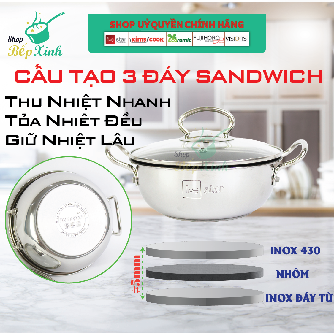 Nồi inox 3 Đáy Chống Dính 20cm Fivestar ( tặng 1 sạn dừa),bếp từ , gas, hồng ngoại