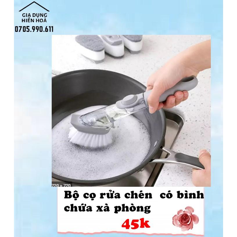 Bộ cọ chùi rửa đa năng kèm ống đựng nước rửa chén, Bàn chải cọ bếp đa năng - Cây rửa bếp có cán đựng nước rửa siêu tiện