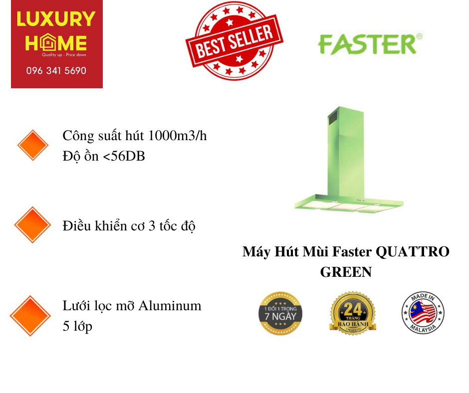 Máy Hút Mùi Faster QUATTRO GREEN - Hàng chính hãng