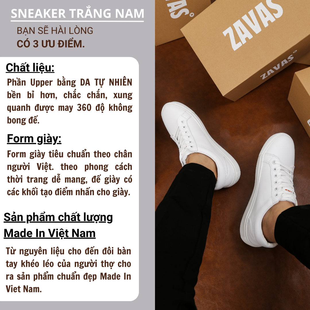 Giày sneaker nam ZAVAS full trắng da thật không bong tróc form giày gọn thời trang - Z68