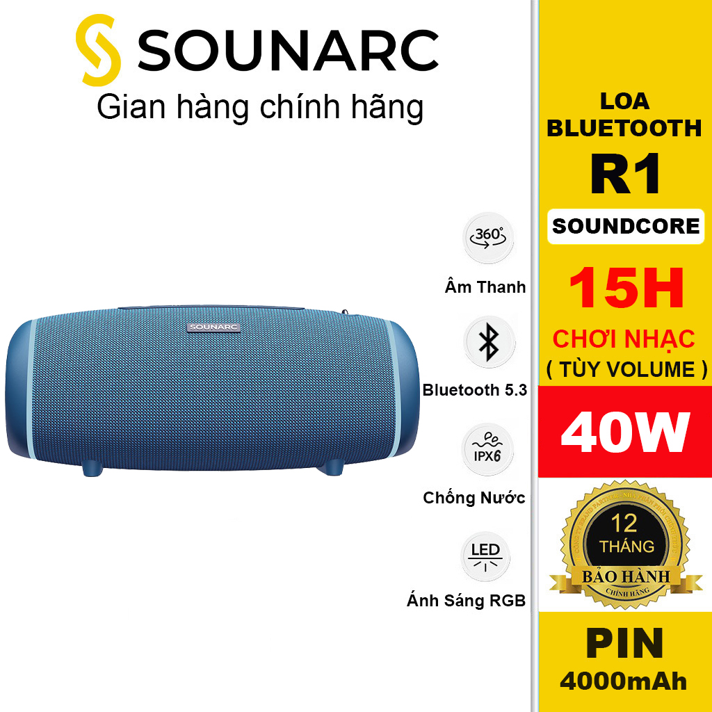 Loa Bluetooth 5.3 Sounarc R1 Công Suất 40W, Chống Nước IPX6, Pin Tích Hợp 4000mAh 15H Chơi Nhạc - Hàng chính hãng