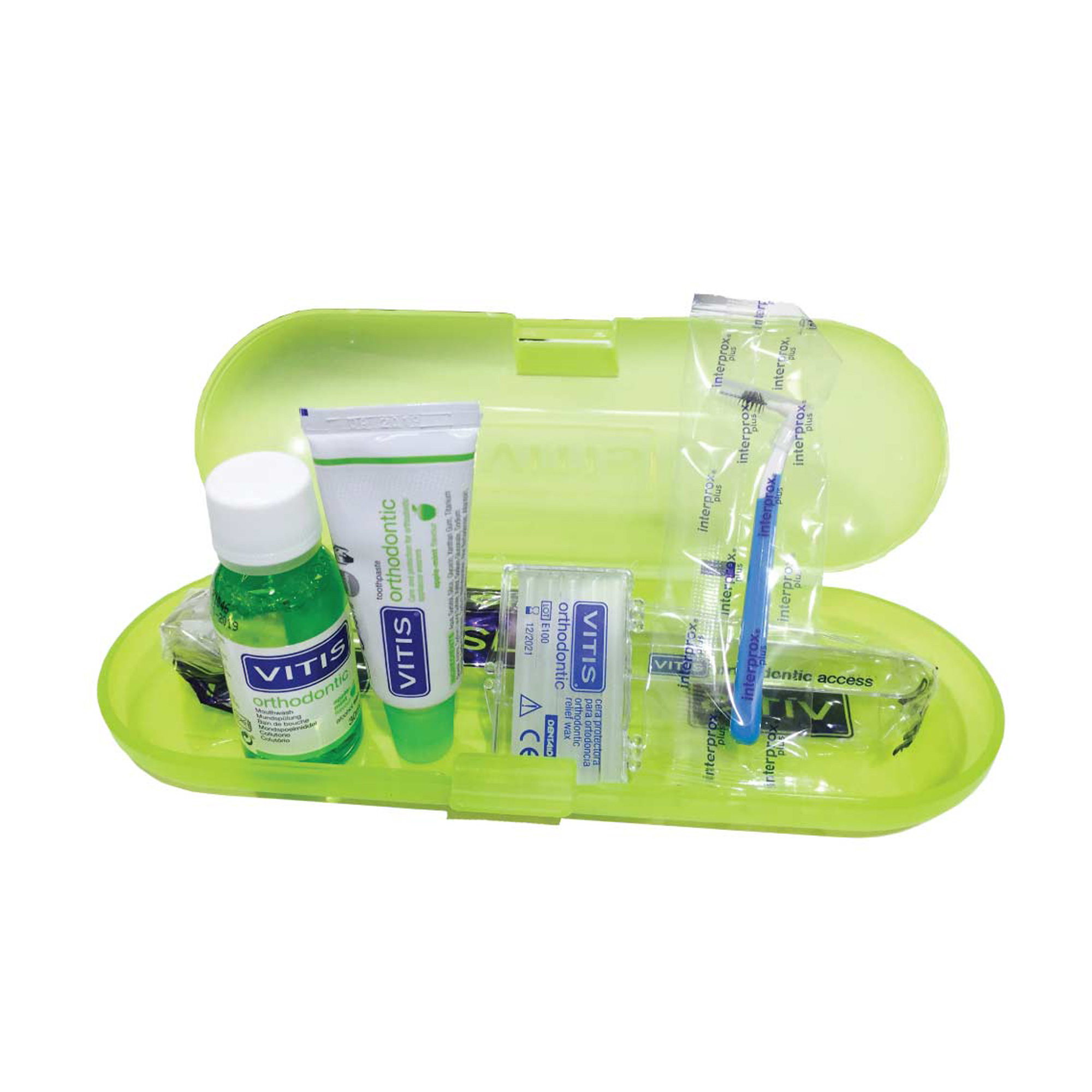 Bộ chăm sóc răng miệng mini dành cho người chỉnh nha, gắn mắc cài Vitis Orthodontic 4 món (Bàn chải + Kem đánh răng 15ml + Nước súc miệng 30ml, cây chải kẽ răng 1.3mm)