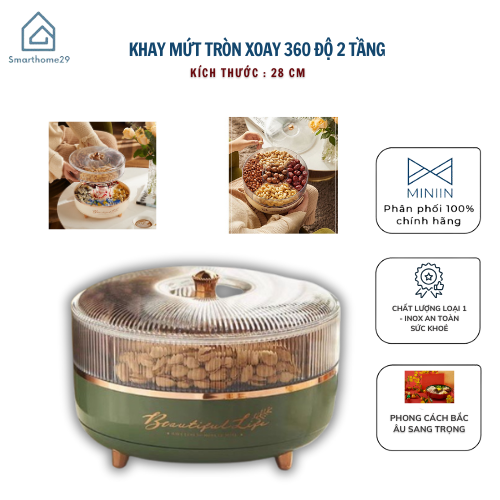 Khay Đựng Mứt Tết, Hộp Đựng Bánh Kẹo 2 Tầng Hình Tròn Xoay 360 Tiện Lợi - HÀNG CHÍNH HÃNG MINIIN