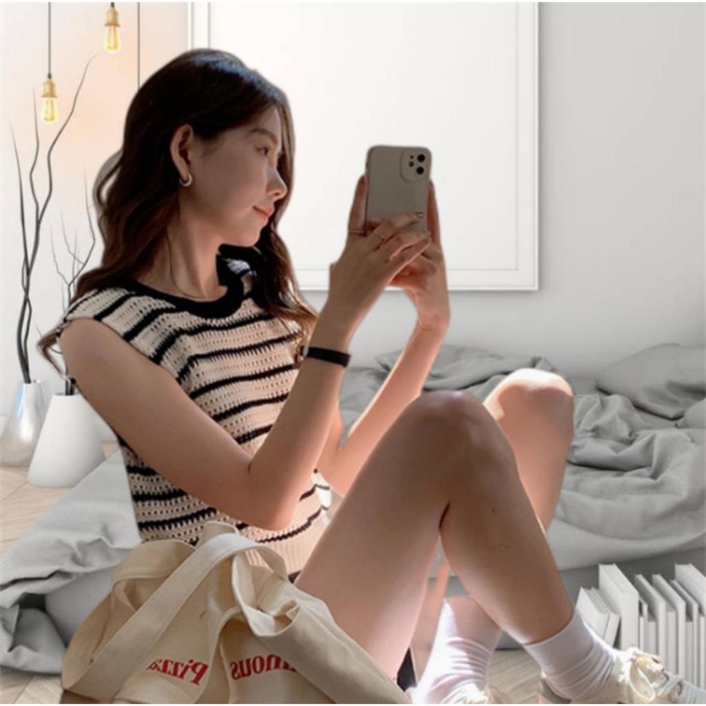 Áo LƯỚI len Montoghi dệt kim 3 LỖ KẺ SỌC màu sắc tươi tắn thời trang mùa hè
