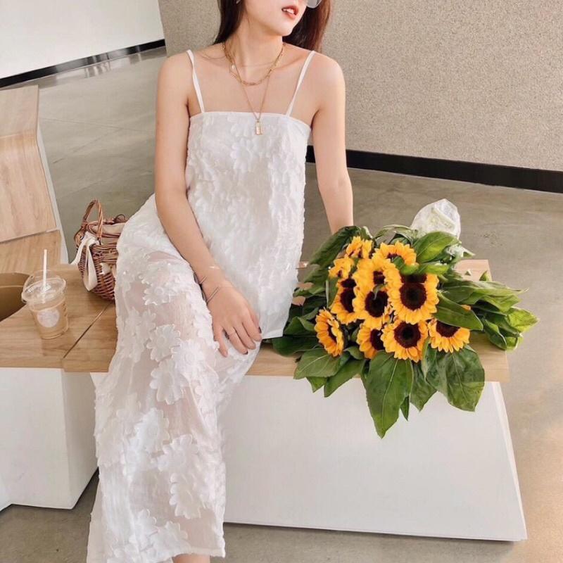 Set trắng quần dài áo 2 dây hoa nổi có size