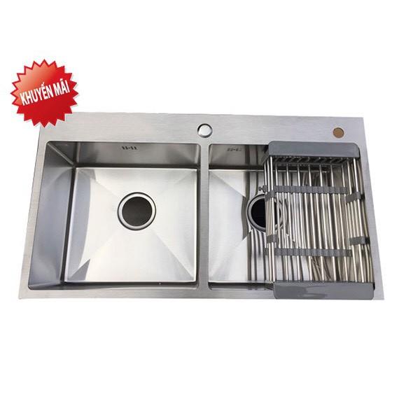 COMBO Chậu Đúc inox100%/ Chậu rửa chén bát inox 100% kèm xả chậu+ Rổ inox304 gác chậu+ chén nóng lạnh inox304