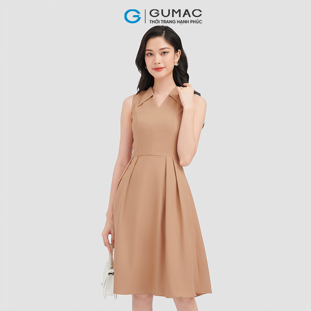 Đầm form A GUMAC DC09073 cổ V xếp ly sát nách trẻ trung