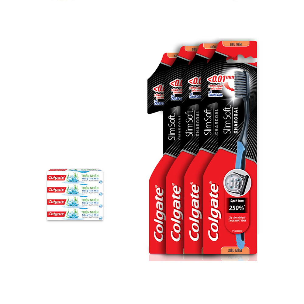 Bộ 4 Bàn chải đánh răng Colgate than hoạt tính kháng vi khuẩn SlimSoft Charcoal mềm mảnh tặng bộ 4 kem đánh răng Colgate thiên nhiên làm trắng từ Tảo biển và Muối tinh khiết 40g