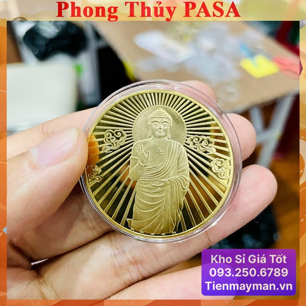 Hình ảnh Đồng Xu Phật Tổ Như Lai Mạ Vàng Phong Thuỷ May Mắn, mẫu Đứng, tặng túi gấm đỏ, Tiền lì xì tết 2023 , NELI