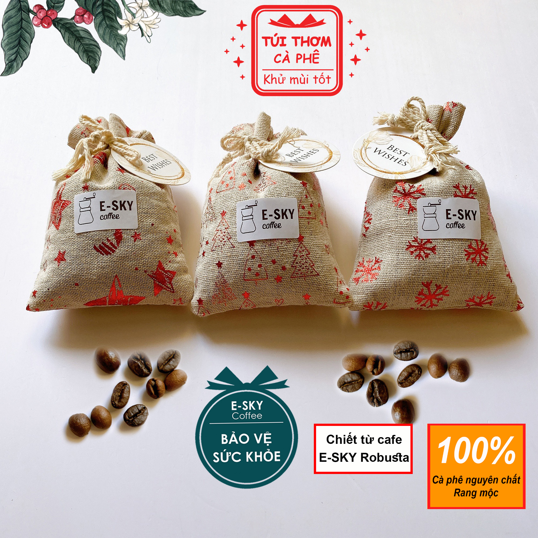 Túi Thơm Cafe E-SKY Coffee Khử Mùi Ô Tô, Tủ Lạnh, Vải Canvas Noel 100gr