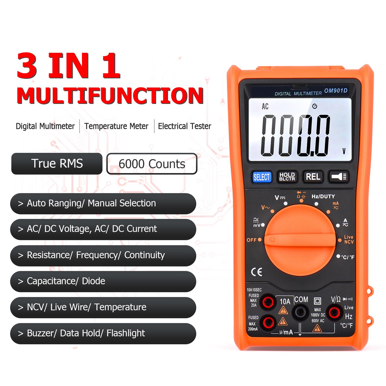 Smart Digital Multimeter 6000 Counts True RMS Auto-ranging LCD Backlight Electrical Tester Voltmeter Ammeter Temperature Measuring Multifunction AC DC Voltage Current Live Wire Resistance Capacitance Continuity Diode Testing