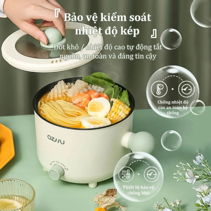 Nồi Lẩu 1 Người, Nồi Hấp Mini Đa Năng 2 Nấc Nhiệt Kèm Giá Hấp Có Tay Cầm Tiện Dụng Dung Tích 1.8L