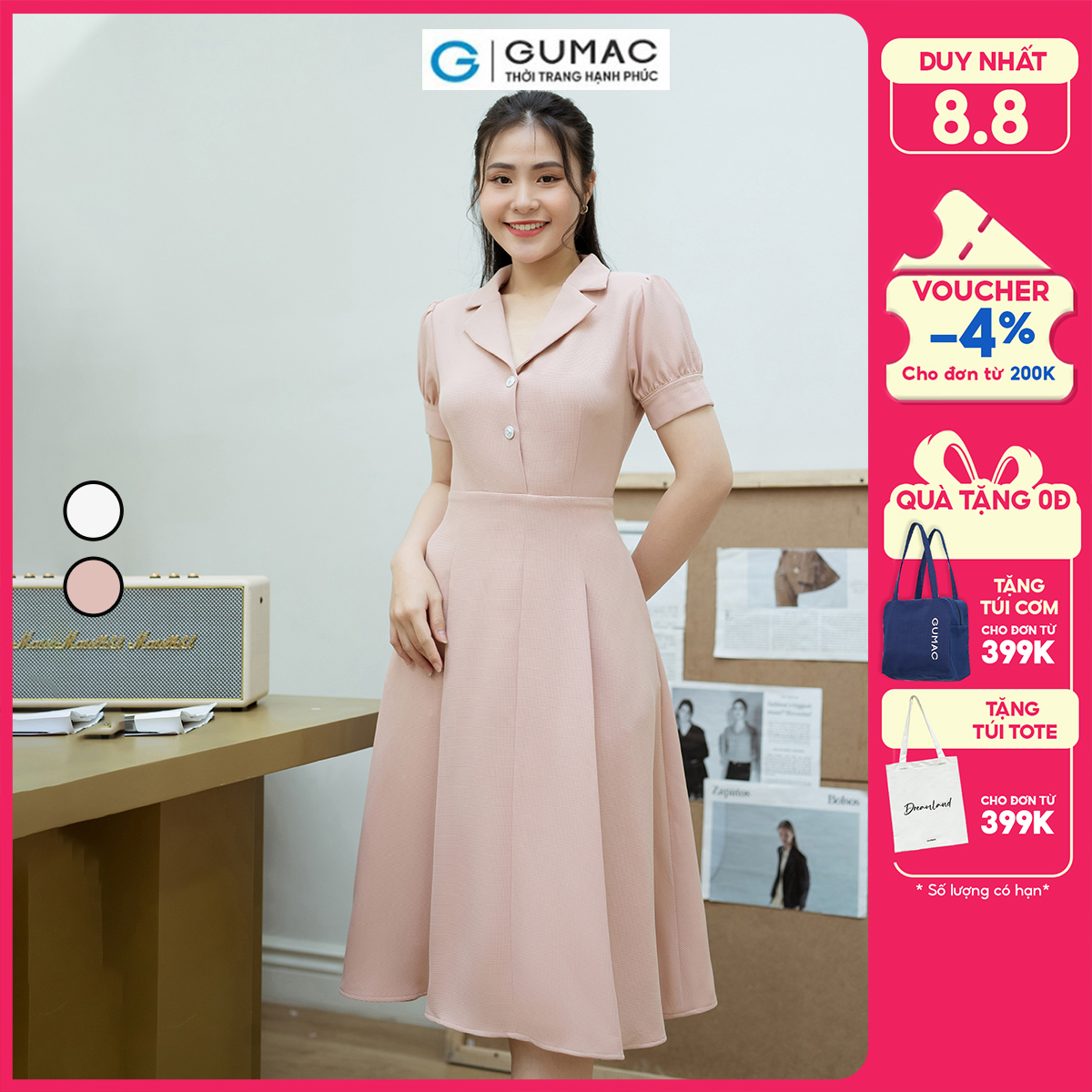 Đầm A xòe tay phồng GUMAC DD08048