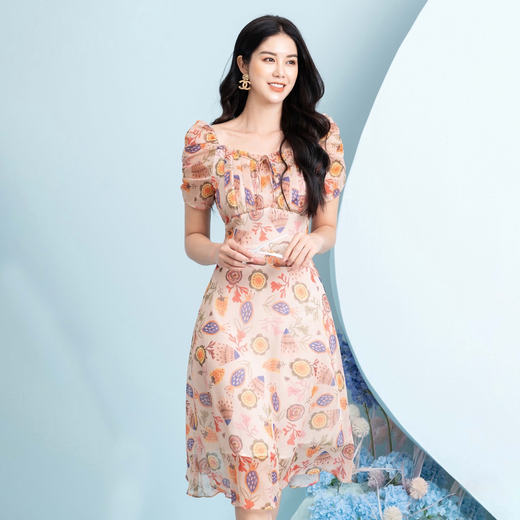 Đầm Hoa Xòe Phối Ngực NhúnThời Trang UK Fashion Thiết Kế Cổ Vuông Nữ Tính, Chất Liệu Vải Cao Cấp NKDV2203009