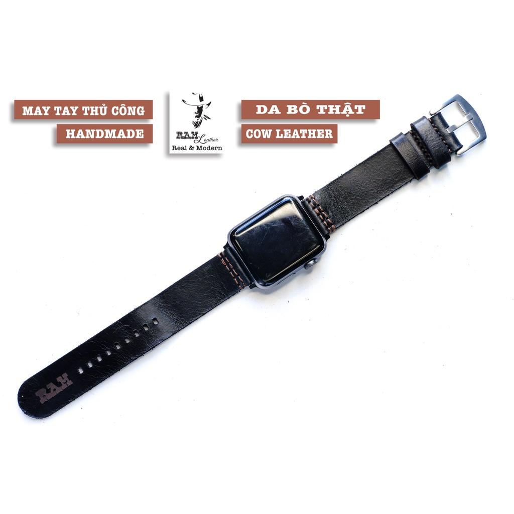 Dây đồng hồ da bò màu đen handmade bền chắc cao cấp RAM simple - tặng khóa chốt và cây thay dây