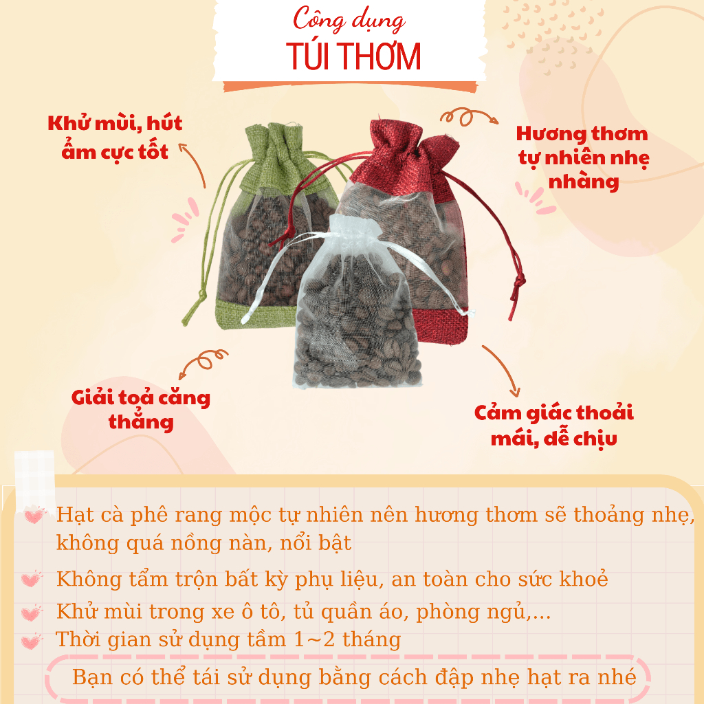 Túi thơm cà phê khử mùi, thơm ô tô hạt nguyên chất