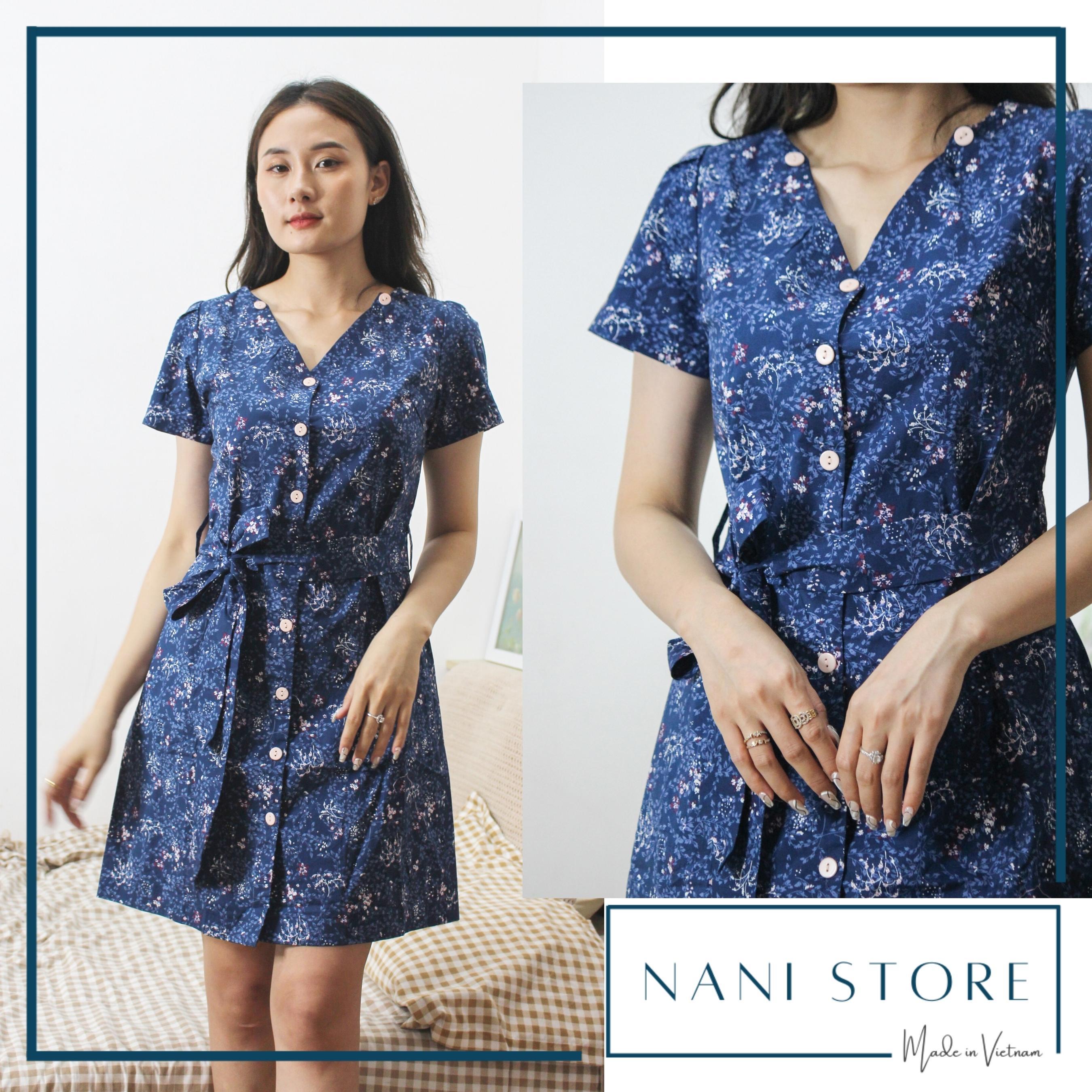 Đầm cotton hoa xanh thắt nơ eo