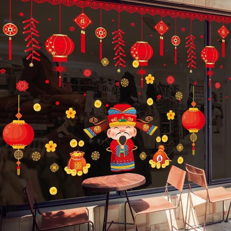Decal trang trí Tết - Thần Tài phối dây đèn
