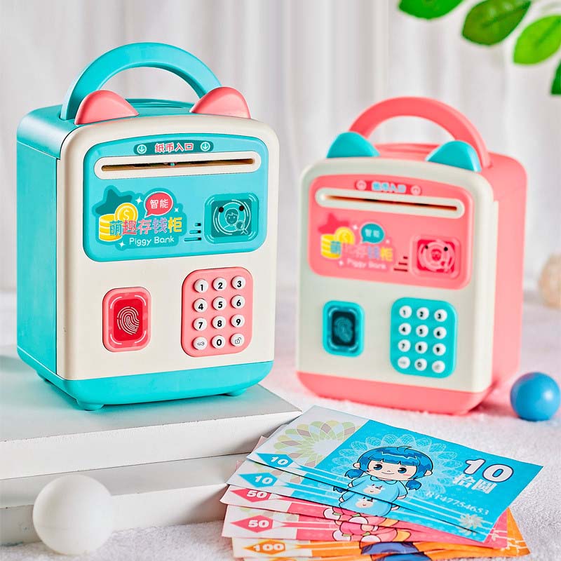 Két Sắt Tai Mèo Cảm Ứng Vân Tay Piggy Bank Có Quai Sách