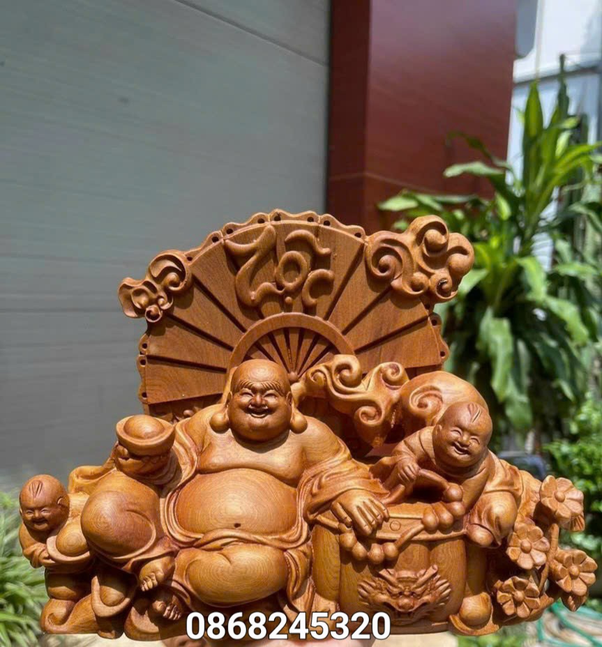 Tượng phật di lặc nhị phúc bằng gỗ bách xanh thơm nức kt 30×20×12cm